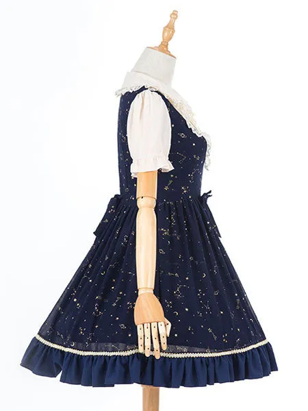 Sweet Lolita OP Dress Ruffle Print Lace Trim Deep Blue Chiffon Lolita One Piece Dress