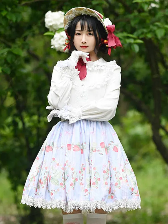 Sweet Lolita Overskirt Dress Fruit Floral Print Light Sky Blue Lace Lolita Skirts