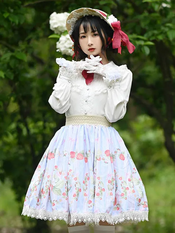 Sweet Lolita Overskirt Dress Fruit Floral Print Light Sky Blue Lace Lolita Skirts