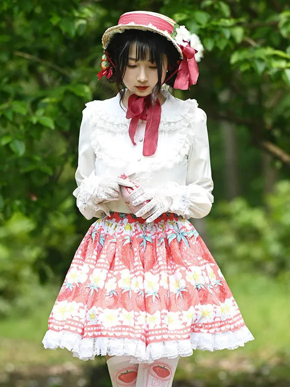 Sweet Lolita Overskirt Lace Hot Pink Fruit Pattern Lolita Skirts