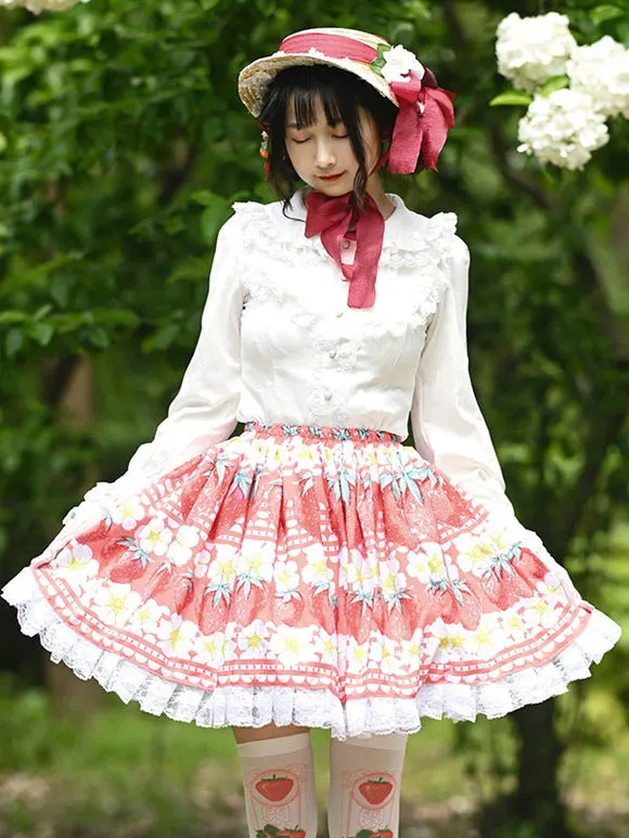 Sweet Lolita Overskirt Lace Hot Pink Fruit Pattern Lolita Skirts