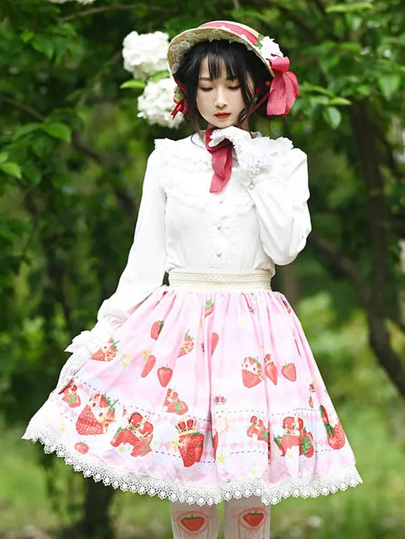 Sweet Lolita Overskirt Lace Pink Fruit Pattern Lolita Skirts