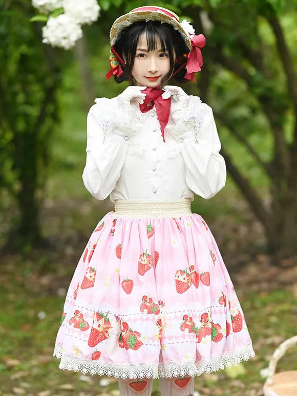 Sweet Lolita Overskirt Lace Pink Fruit Pattern Lolita Skirts