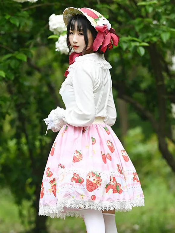 Sweet Lolita Overskirt Lace Pink Fruit Pattern Lolita Skirts