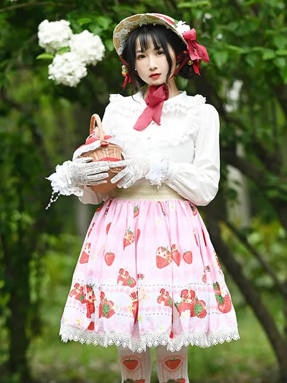 Sweet Lolita Overskirt Lace Pink Fruit Pattern Lolita Skirts