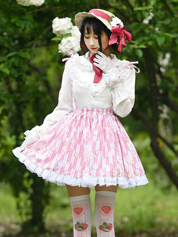 Sweet Lolita SK Overskirt Floral Print Pink Lace Tea Party Daily Casual Lolita Skirts