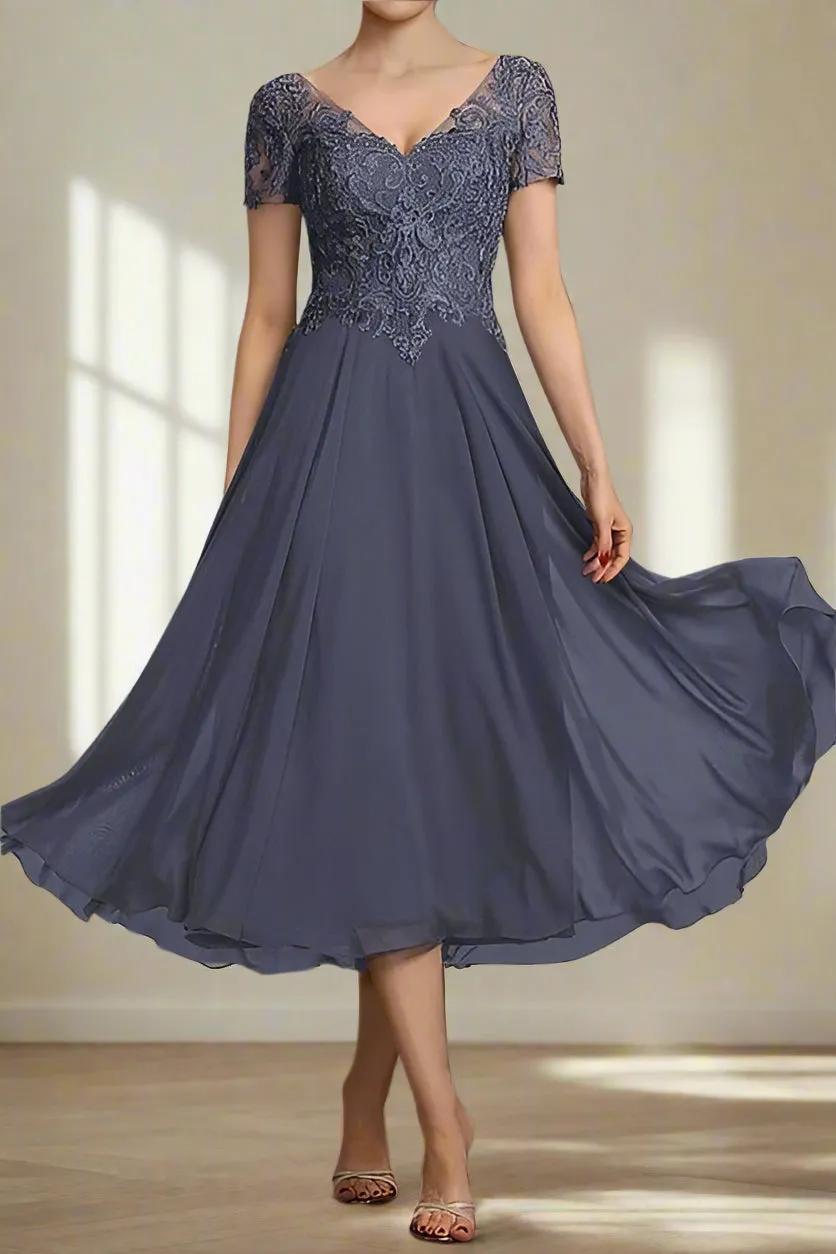 Tea Length Stormy V Neck Chiffon Mother of the Bride Dress