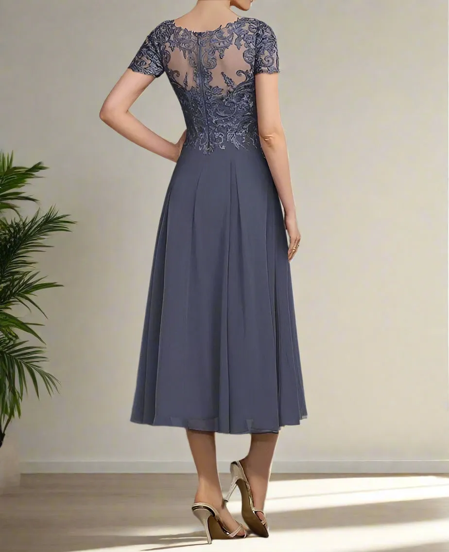 Tea Length Stormy V Neck Chiffon Mother of the Bride Dress