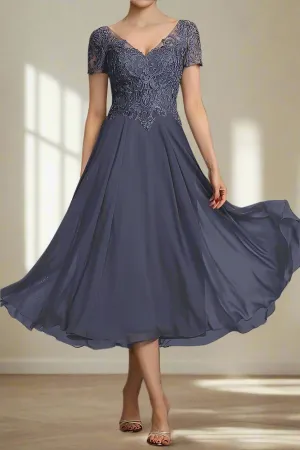 Tea Length Stormy V Neck Chiffon Mother of the Bride Dress