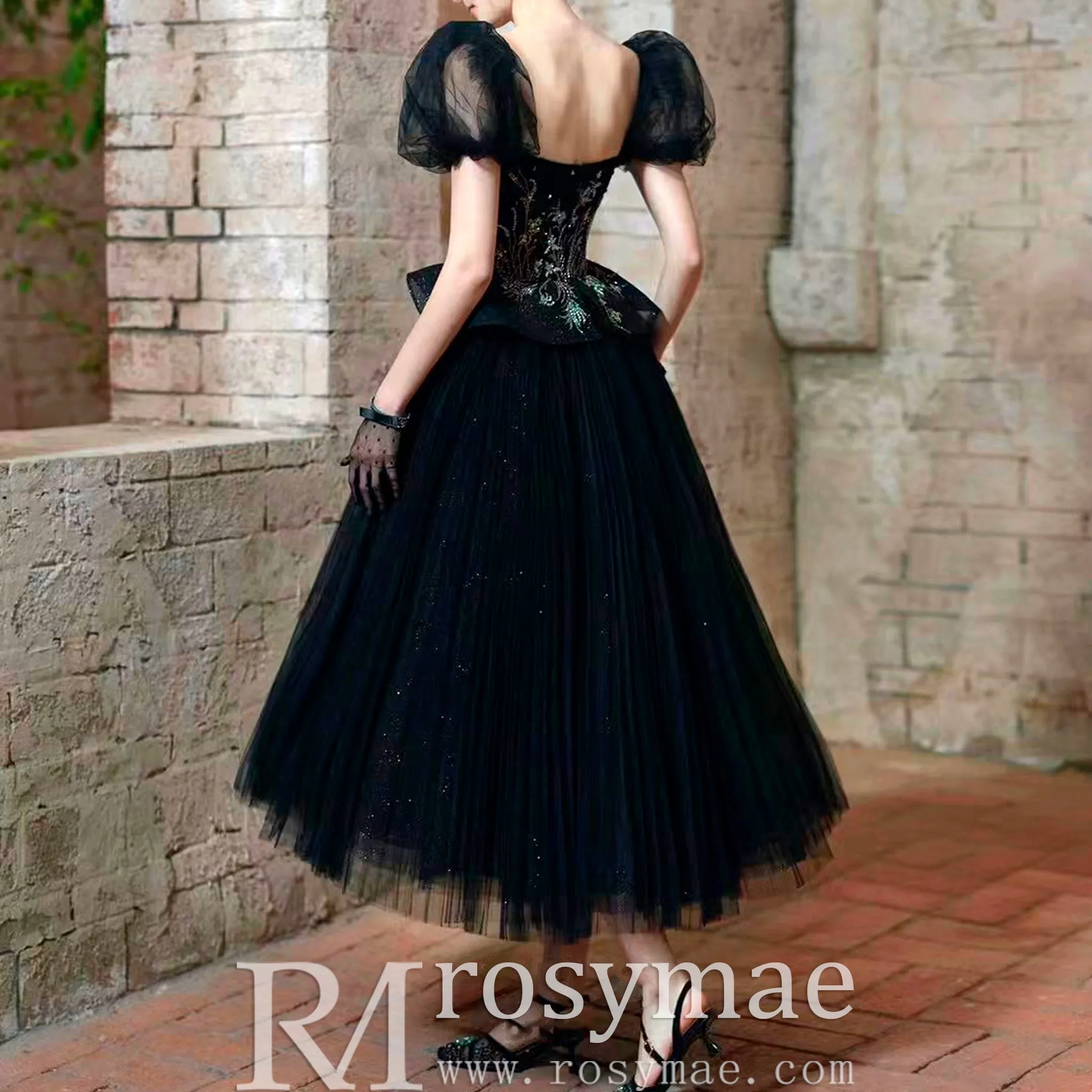 Teal Length Square Neck Black Wedding Dress with Short Sleeve