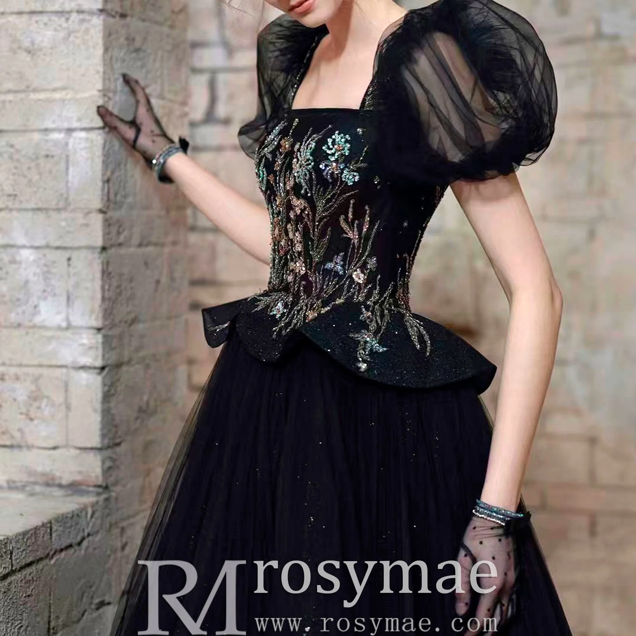 Teal Length Square Neck Black Wedding Dress with Short Sleeve