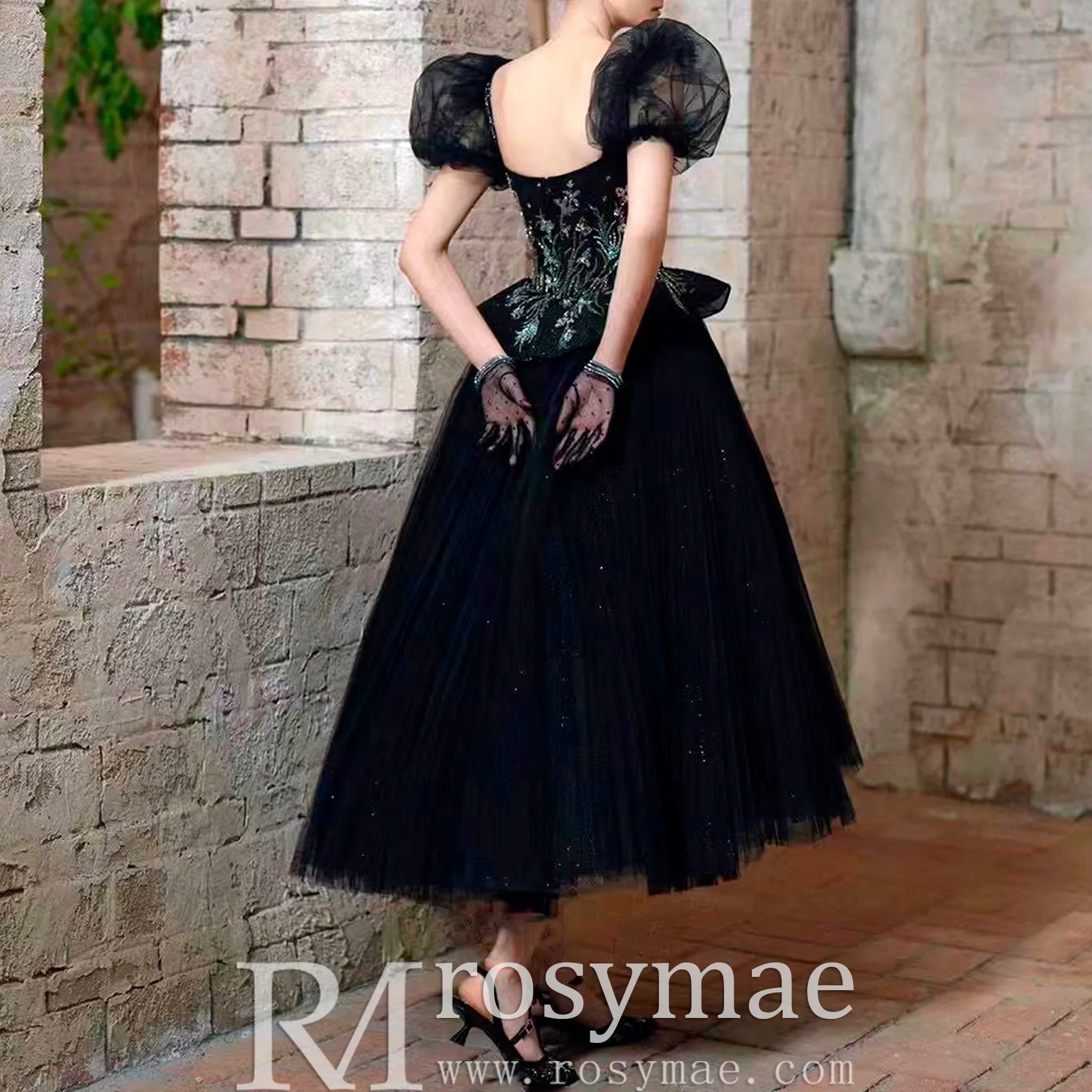 Teal Length Square Neck Black Wedding Dress with Short Sleeve