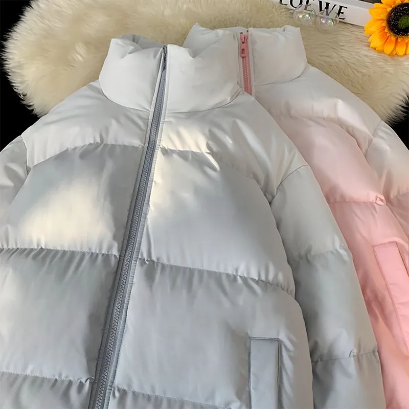 Thickened Windproof Puffer Jacket with Quilted Design and Elastic Band Cuff