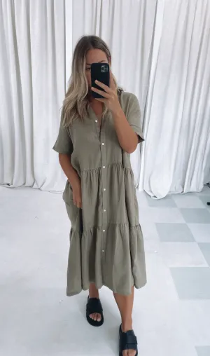 Tiered Linen Shirt Dress Olive