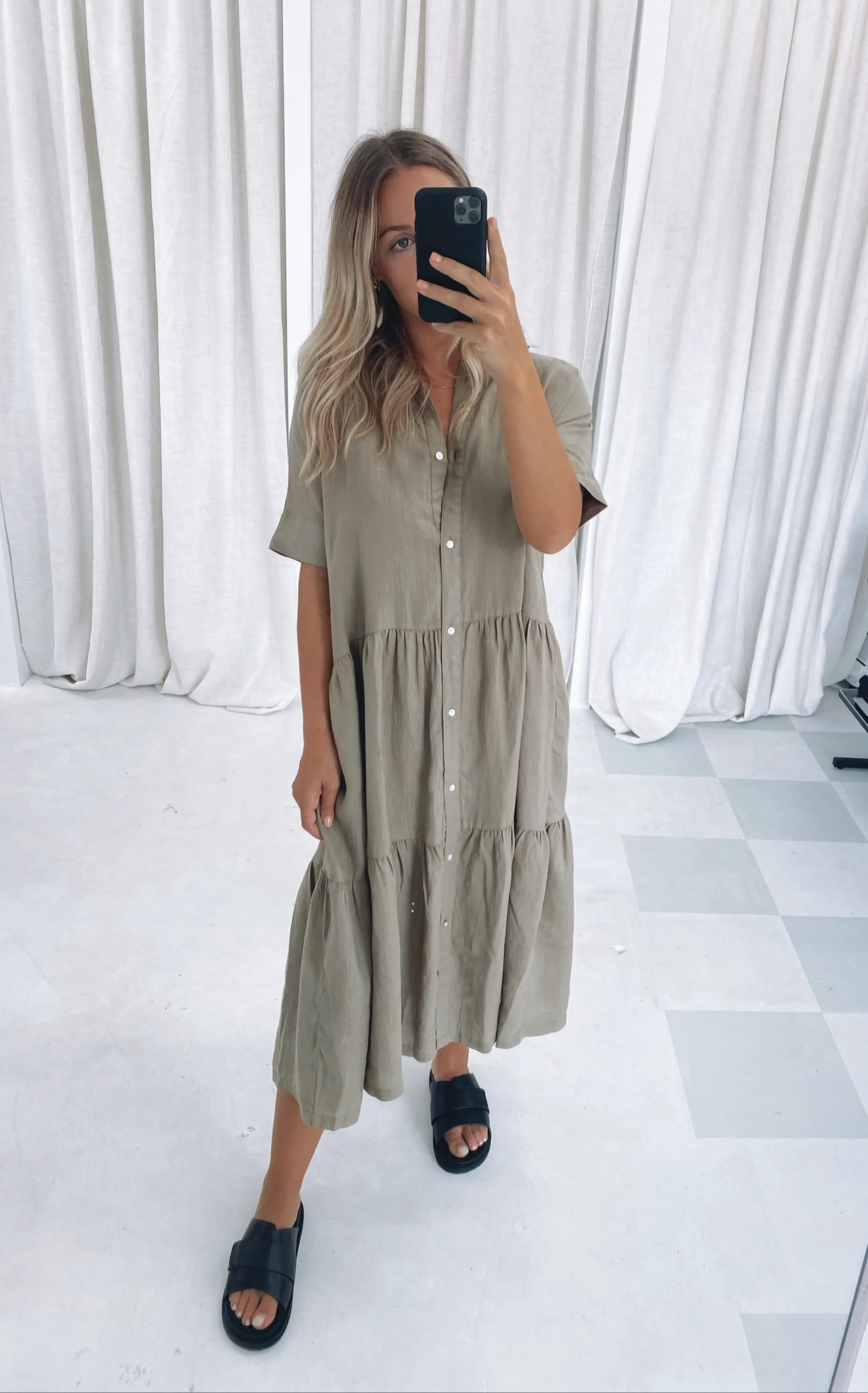 Tiered Linen Shirt Dress Olive