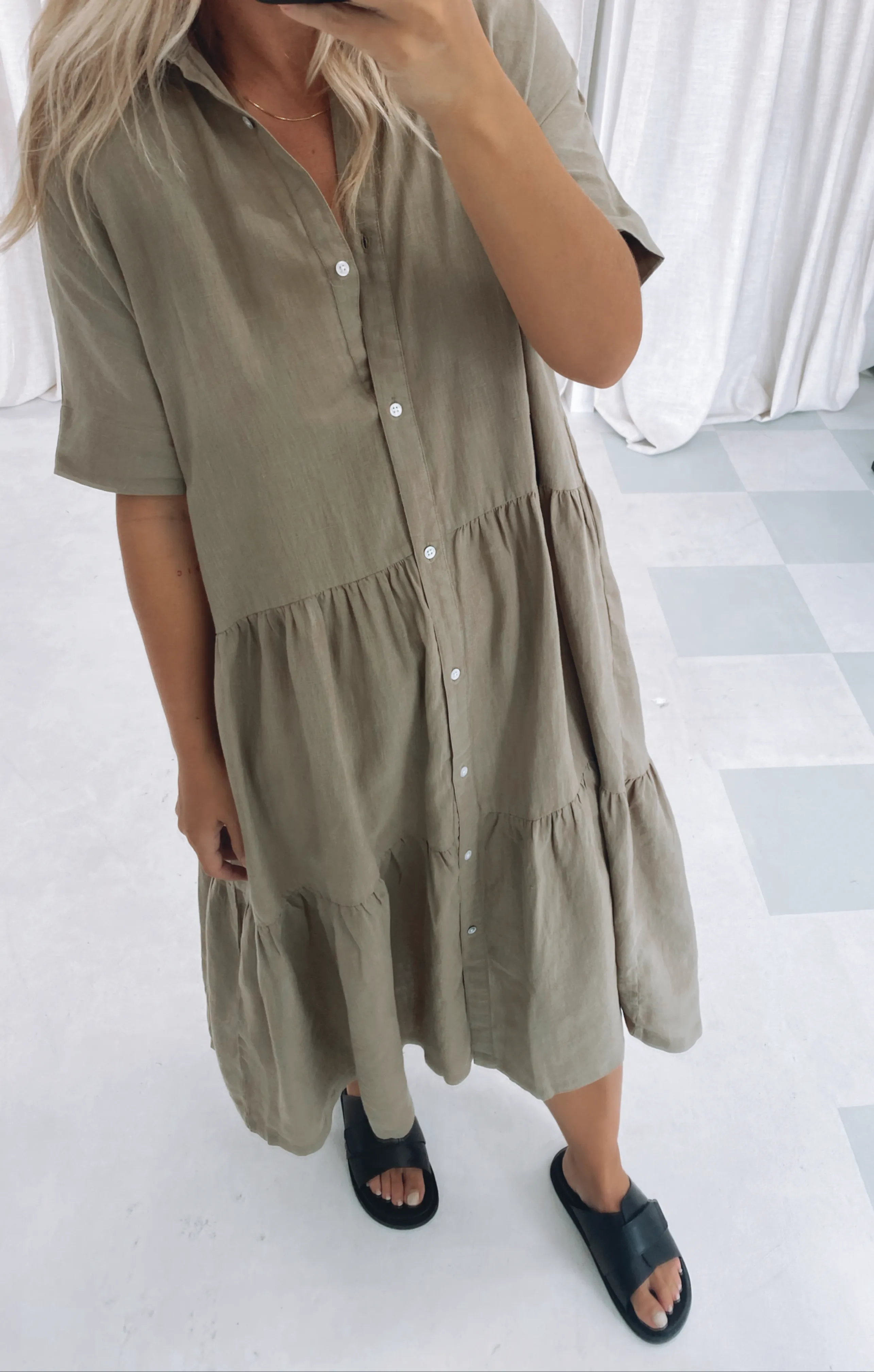 Tiered Linen Shirt Dress Olive