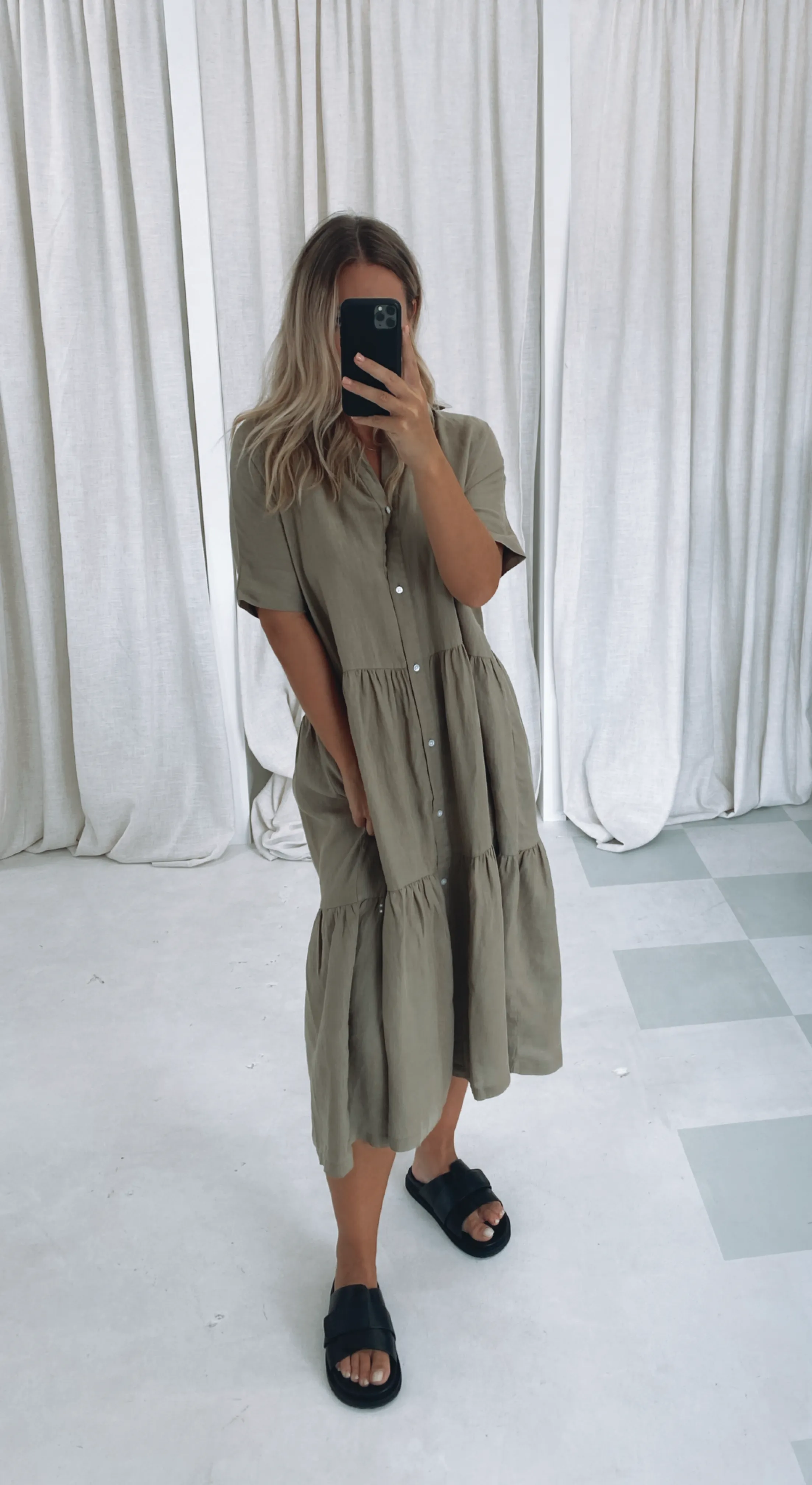 Tiered Linen Shirt Dress Olive
