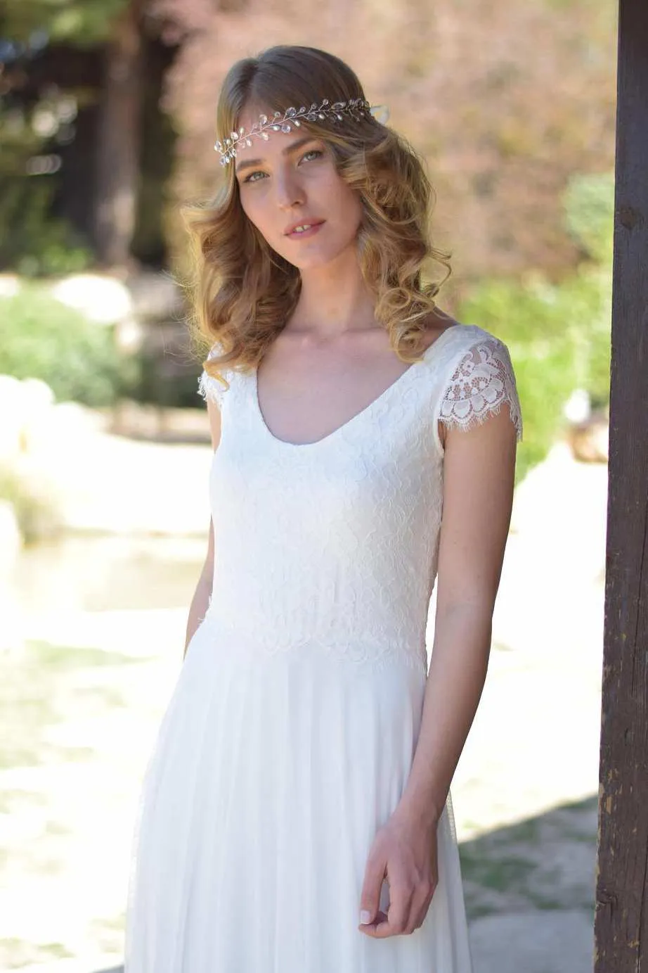 V-Neck Short Sleeve Chiffon Floor-Length Wedding Dress With Lace-715257