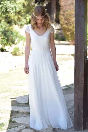 V-Neck Short Sleeve Chiffon Floor-Length Wedding Dress With Lace-715257