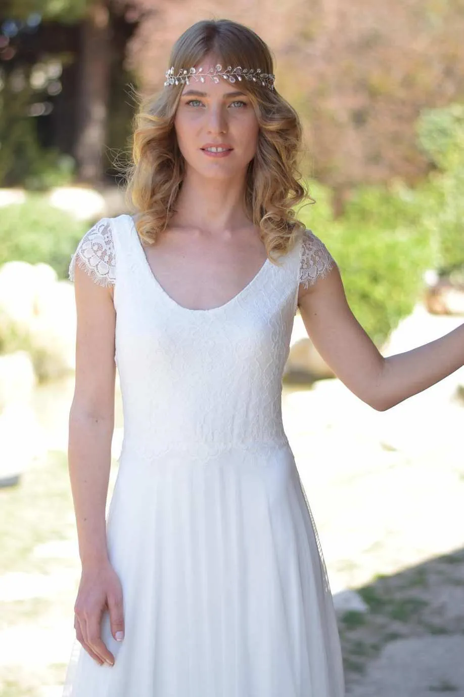 V-Neck Short Sleeve Chiffon Floor-Length Wedding Dress With Lace-715257