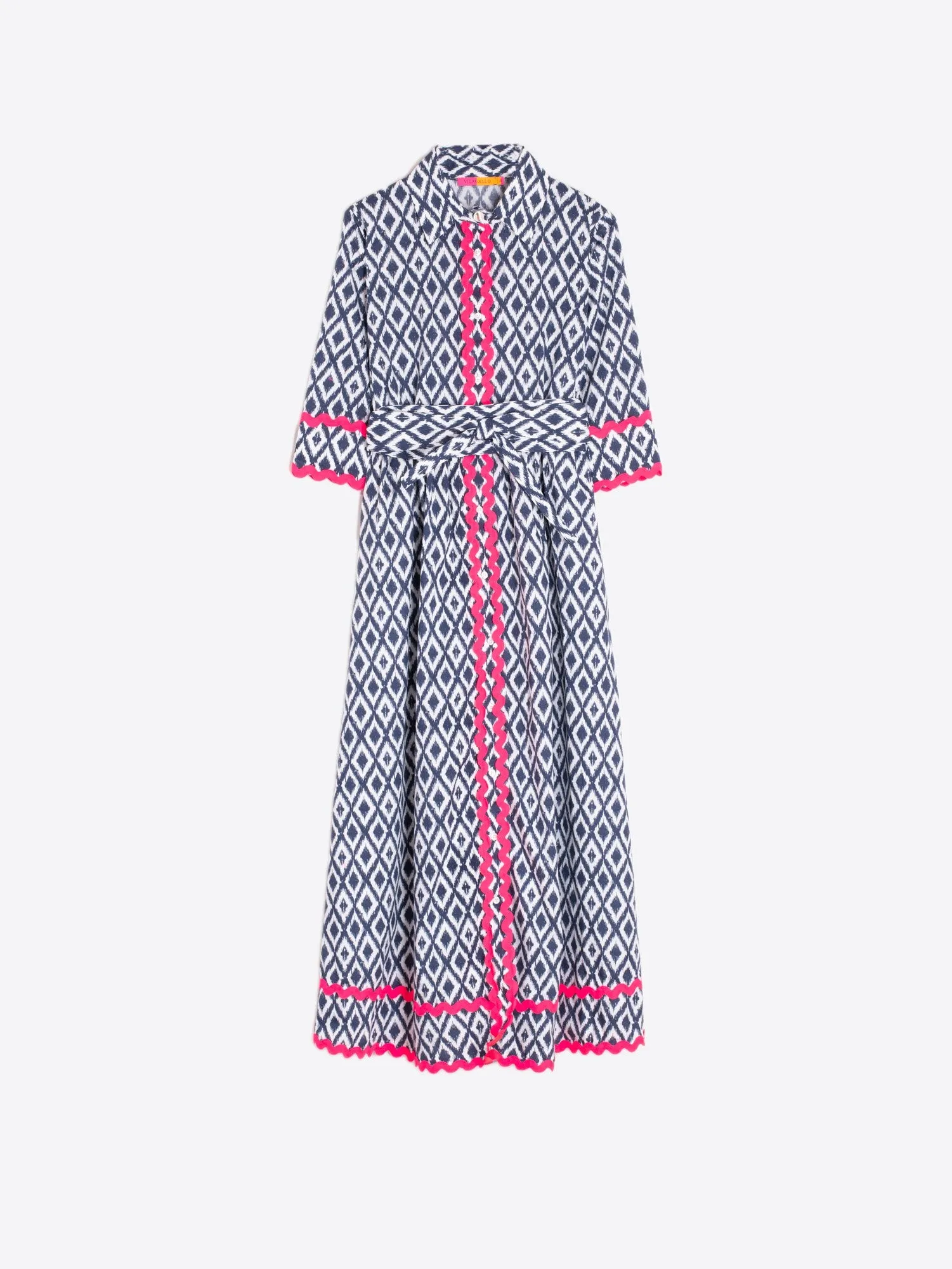 Vilagallo Navy/White Diamond Print Belted Midi Dress