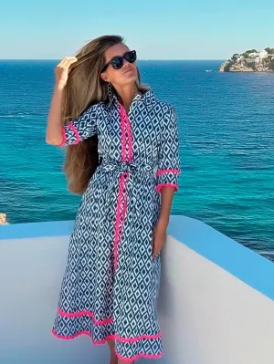 Vilagallo Navy/White Diamond Print Belted Midi Dress