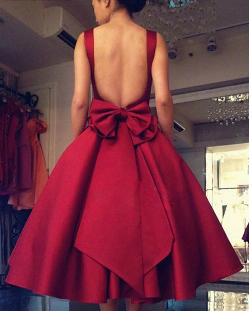 Vintage Dark Red Prom Dresses with Big Bow 1950s Fashion Party Gowns Tea Length