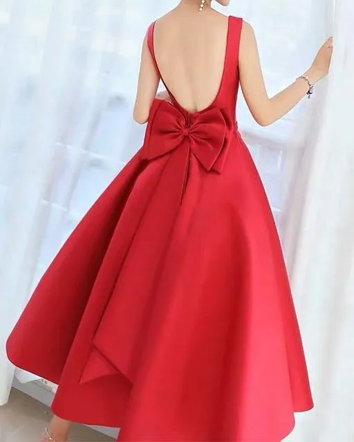 Vintage Dark Red Prom Dresses with Big Bow 1950s Fashion Party Gowns Tea Length