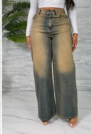VINTAGE WASH HIGH WASTE WIDE LEG JEANS