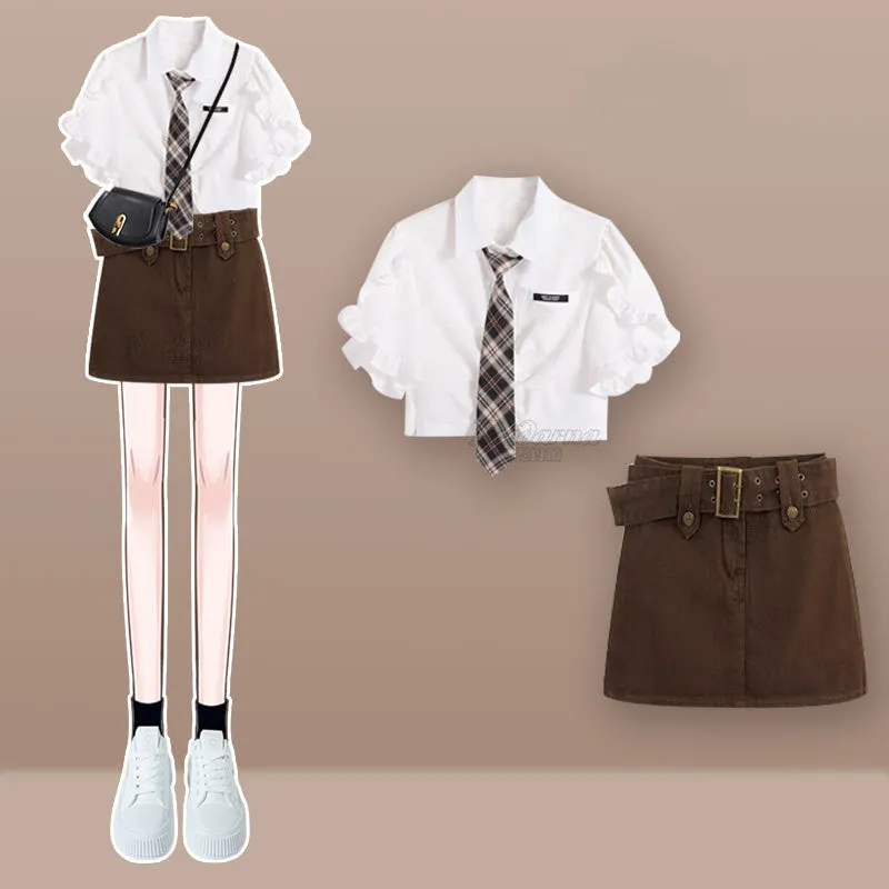 White shirt   brown skirt two-piece set  UB98306