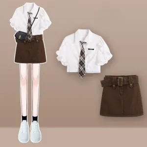 White shirt   brown skirt two-piece set  UB98306