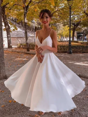 White V Neck Satin Prom Dress, Tea Length White Formal Wedding Party Dresses