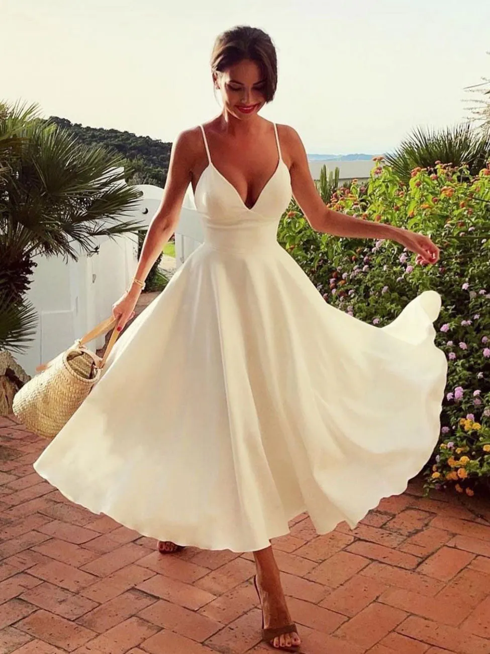 White V Neck Satin Prom Dress, Tea Length White Formal Wedding Party Dresses