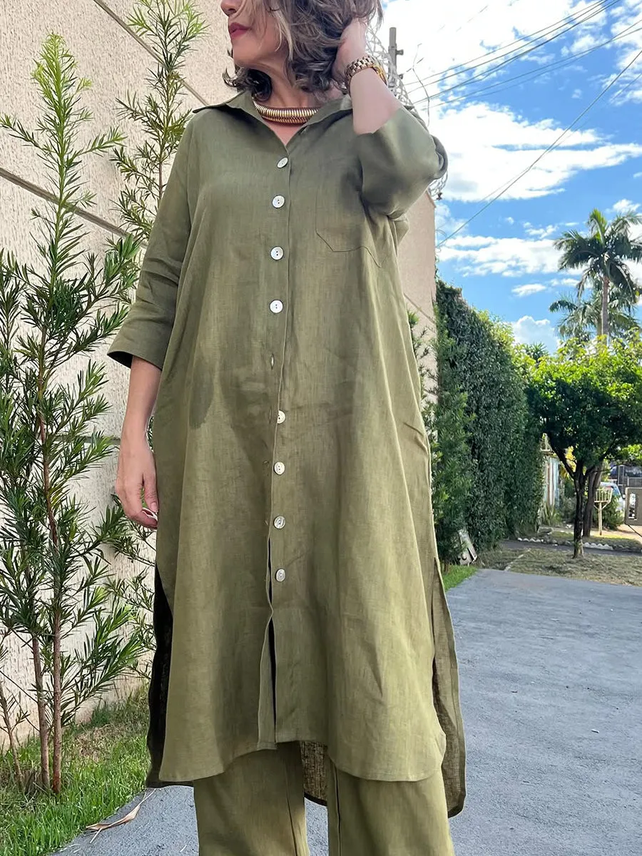 Women's Casual Pocket Shirt Style Cotton and Linen Dress