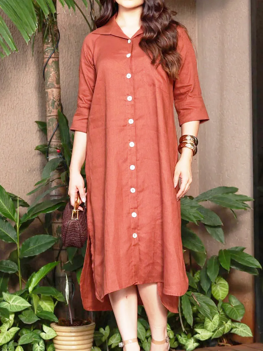 Women's Casual Pocket Shirt Style Cotton and Linen Dress