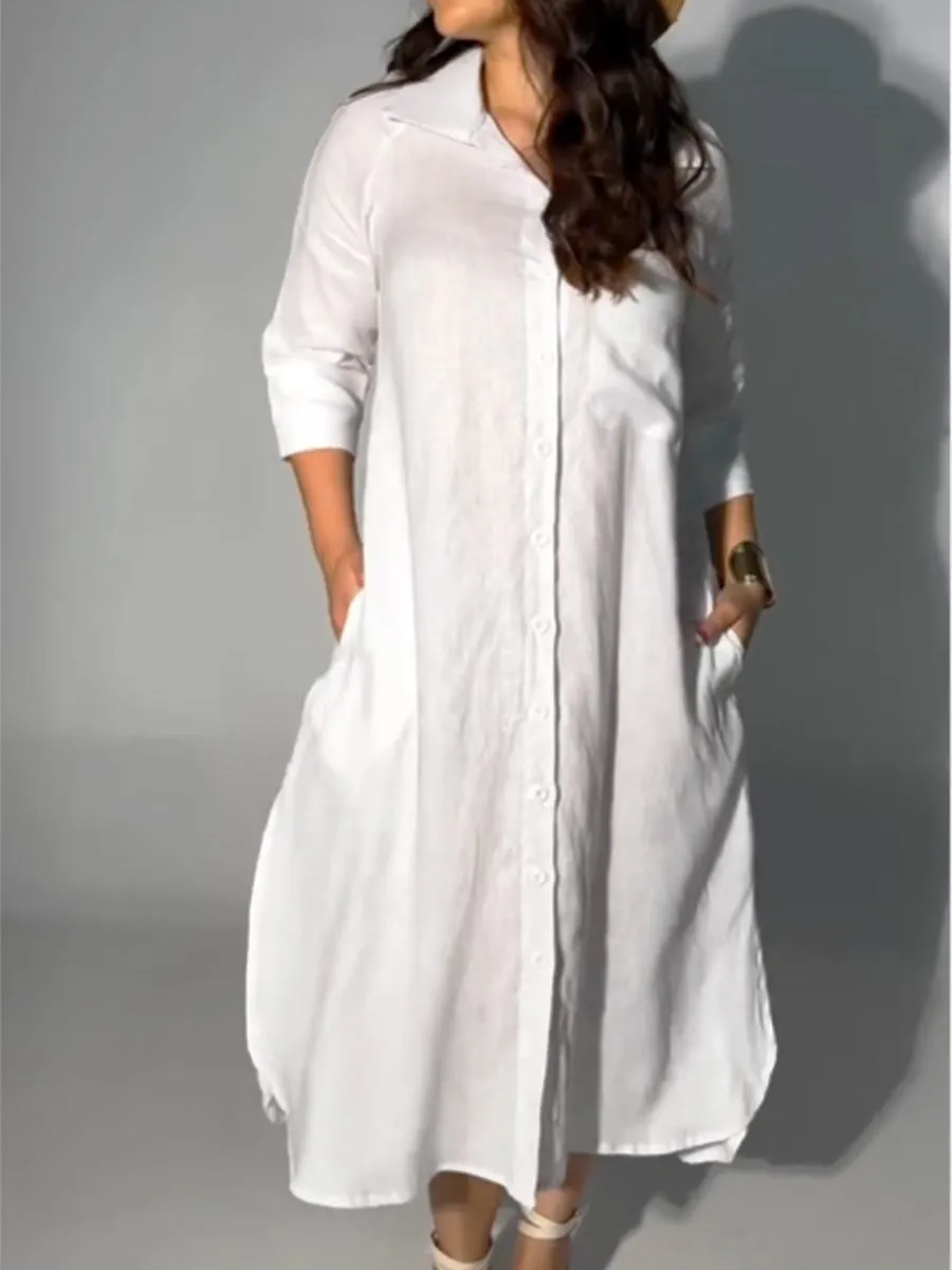 Women's Casual Pocket Shirt Style Cotton and Linen Dress