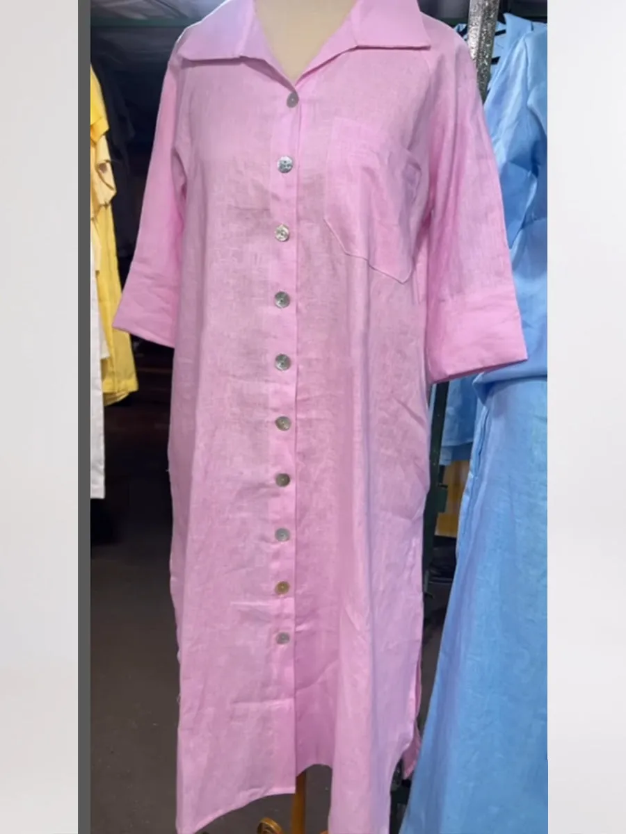Women's Casual Pocket Shirt Style Cotton and Linen Dress
