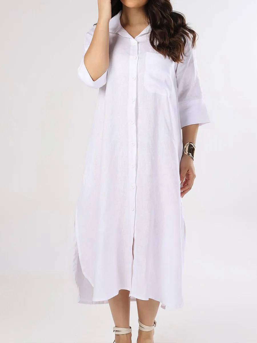 Women's Casual Pocket Shirt Style Cotton and Linen Dress