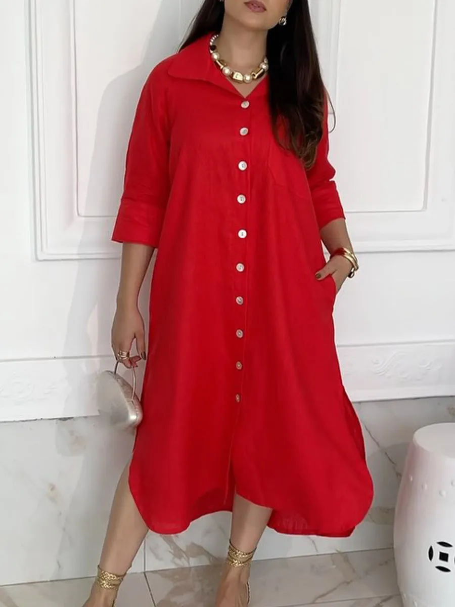 Women's Casual Pocket Shirt Style Cotton and Linen Dress