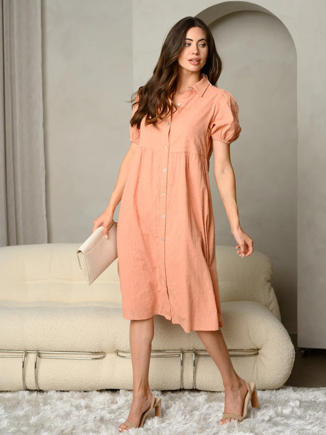 WOMEN'S COLLARED BUTTON-DOWN TIERED SHIRT MIDI DRESS