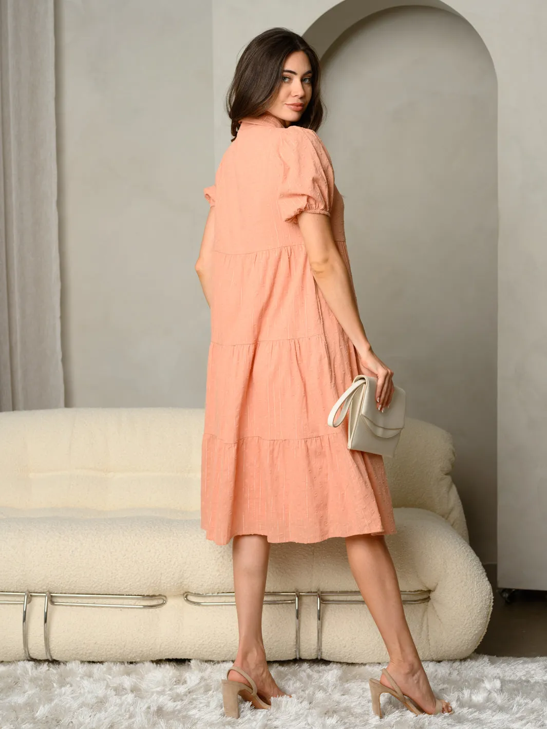 WOMEN'S COLLARED BUTTON-DOWN TIERED SHIRT MIDI DRESS