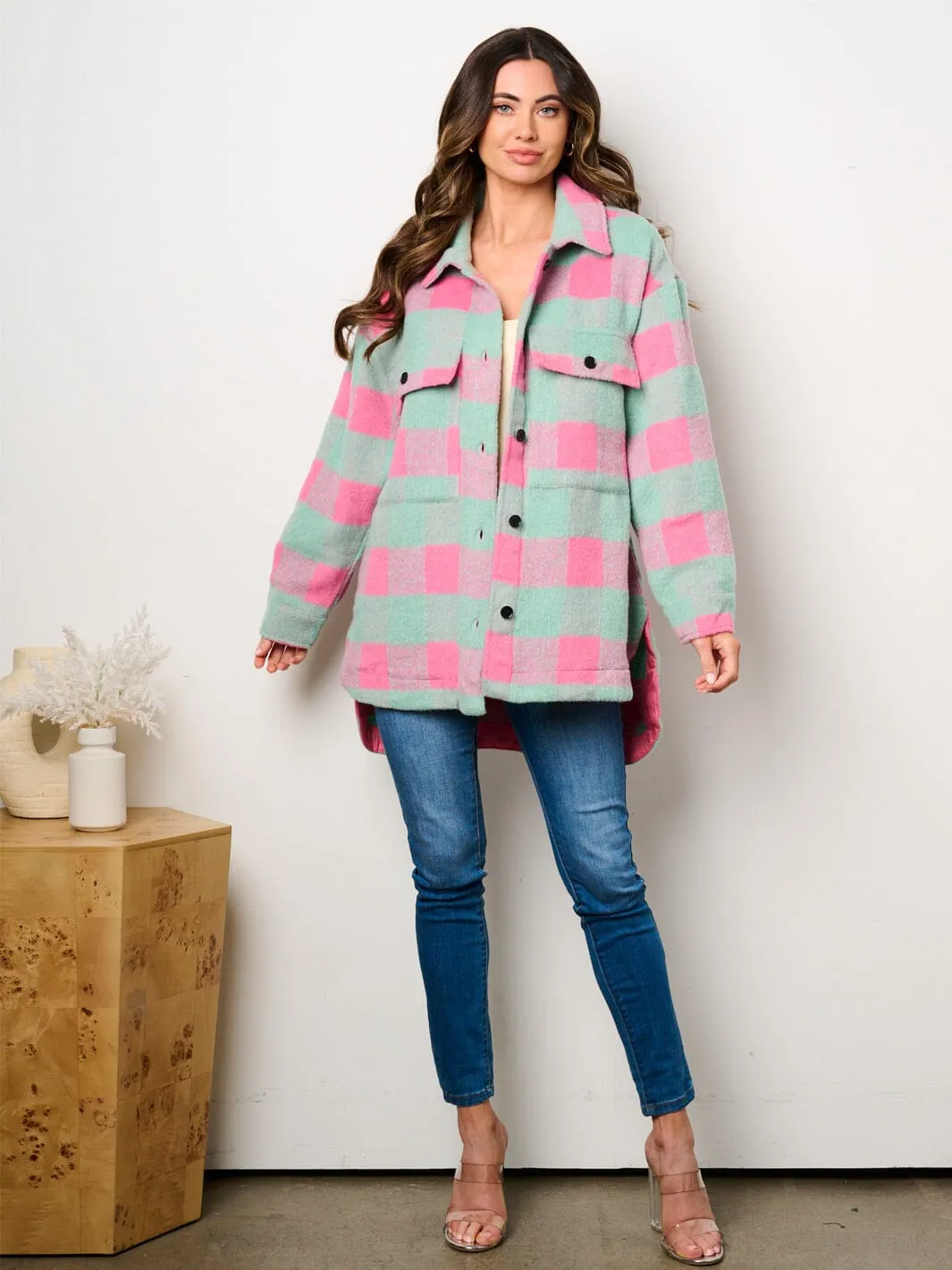 WOMEN'S LONG SLEEVE BUTTON CLOSURE POCKETS COLORBLOCK CHECKERS JACKET