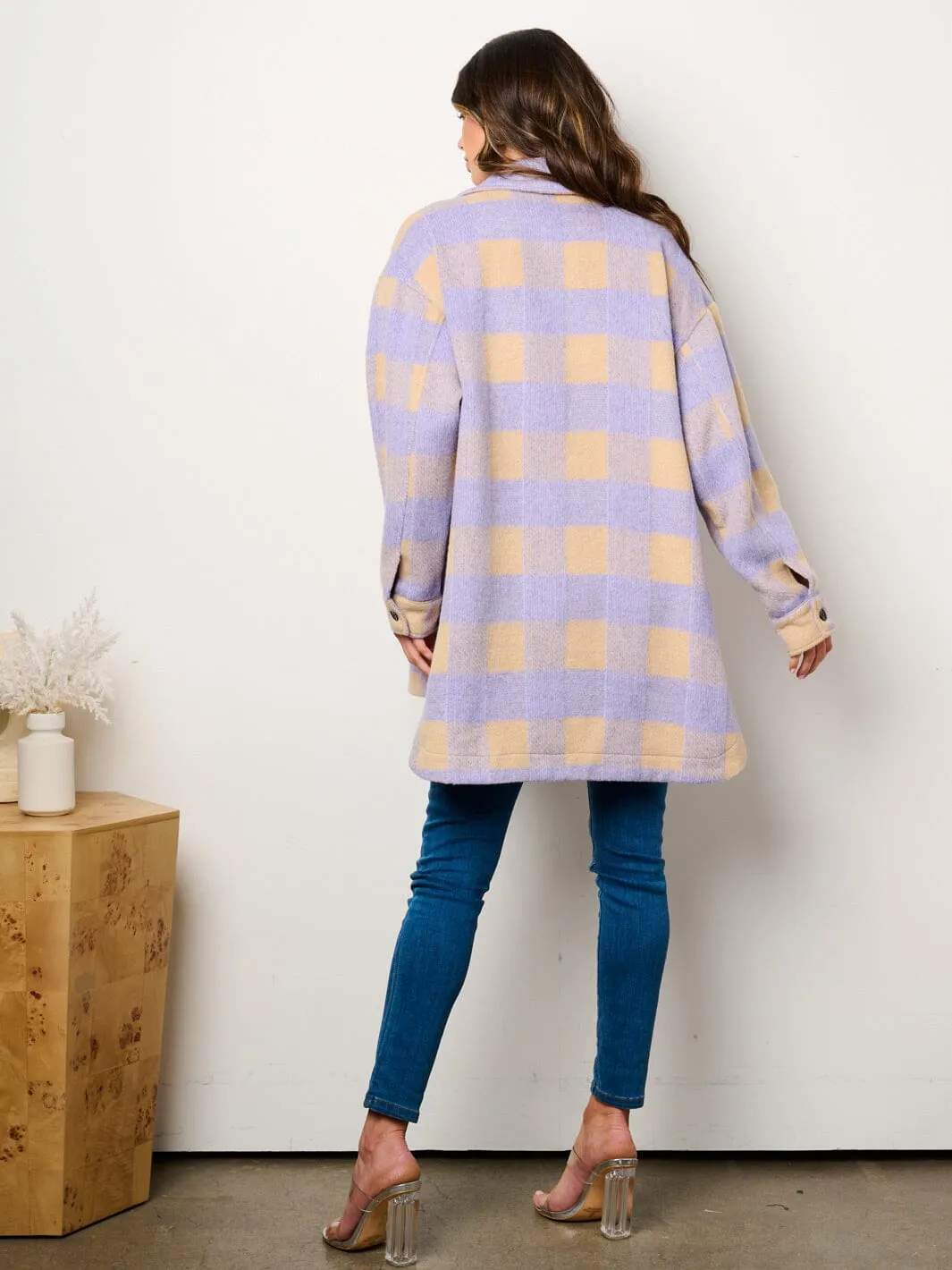 WOMEN'S LONG SLEEVE BUTTON CLOSURE POCKETS COLORBLOCK CHECKERS JACKET