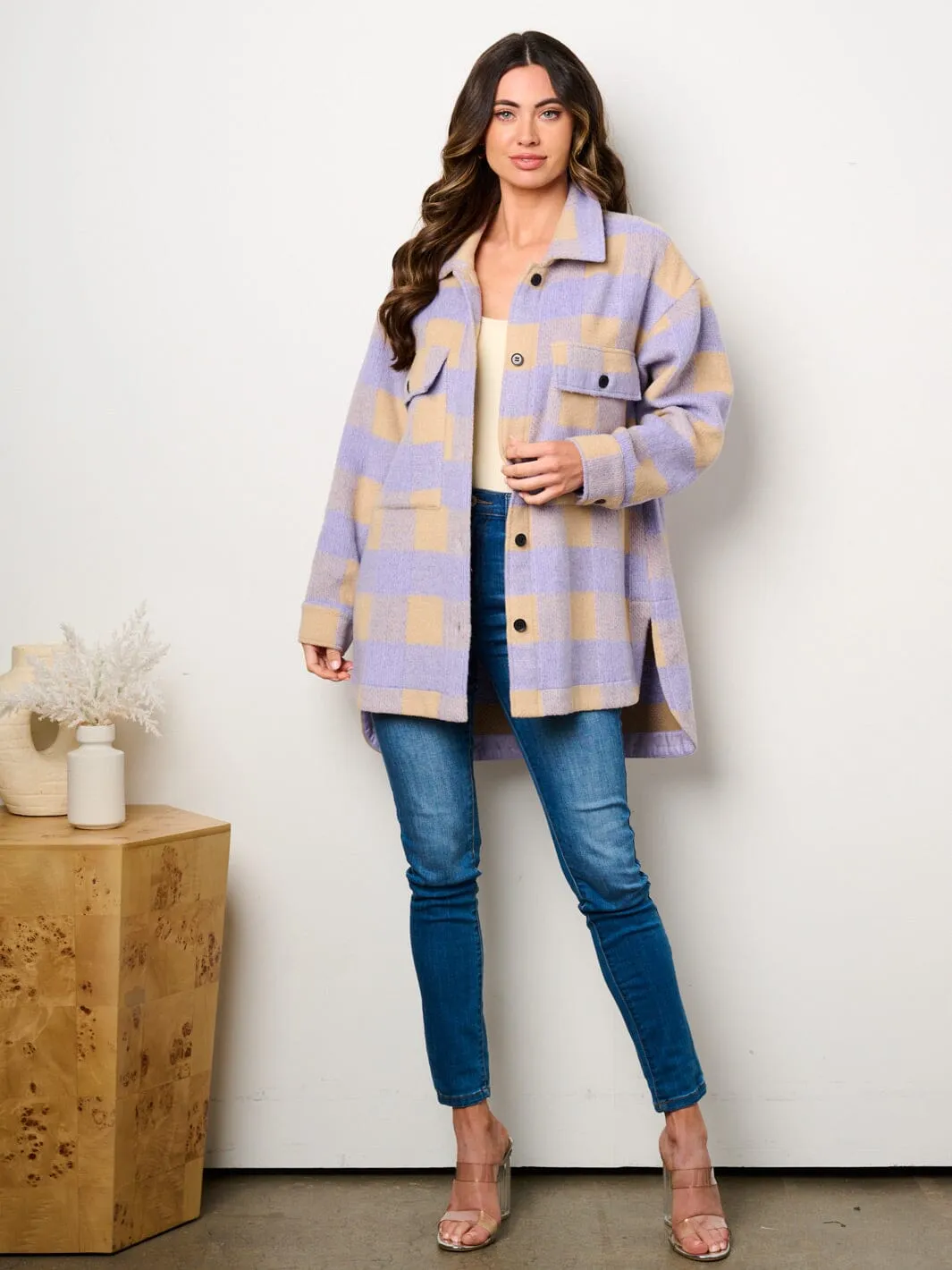 WOMEN'S LONG SLEEVE BUTTON CLOSURE POCKETS COLORBLOCK CHECKERS JACKET