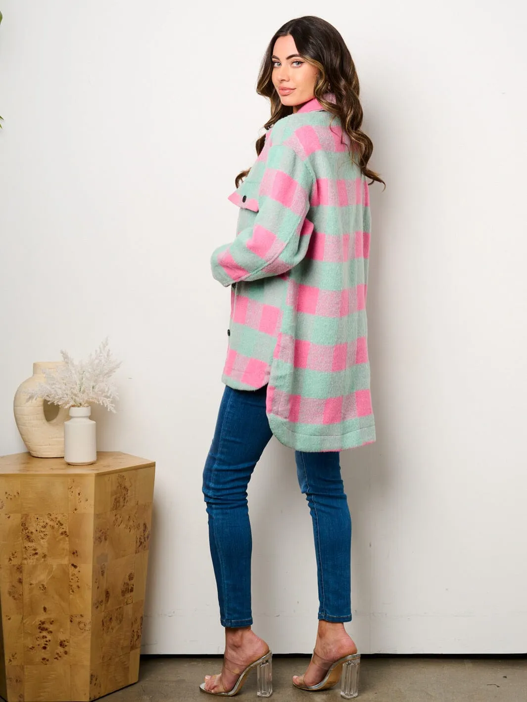 WOMEN'S LONG SLEEVE BUTTON CLOSURE POCKETS COLORBLOCK CHECKERS JACKET