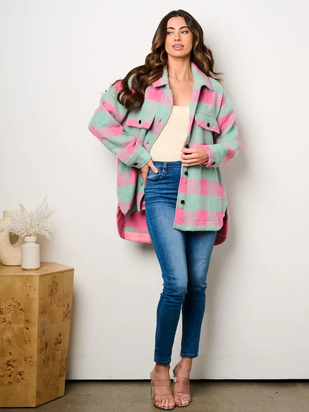 WOMEN'S LONG SLEEVE BUTTON CLOSURE POCKETS COLORBLOCK CHECKERS JACKET