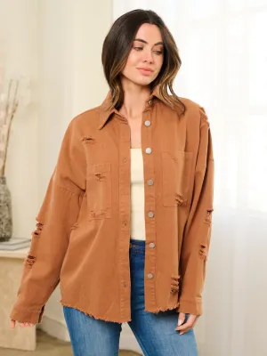 WOMEN'S LONG SLEEVE BUTTON UP DISTRESS JACKET