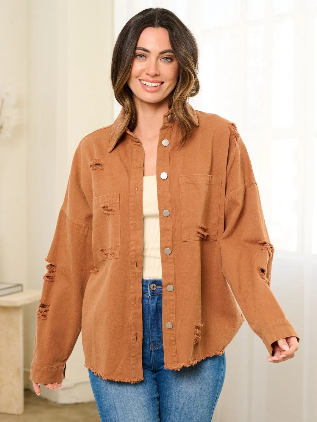 WOMEN'S LONG SLEEVE BUTTON UP DISTRESS JACKET