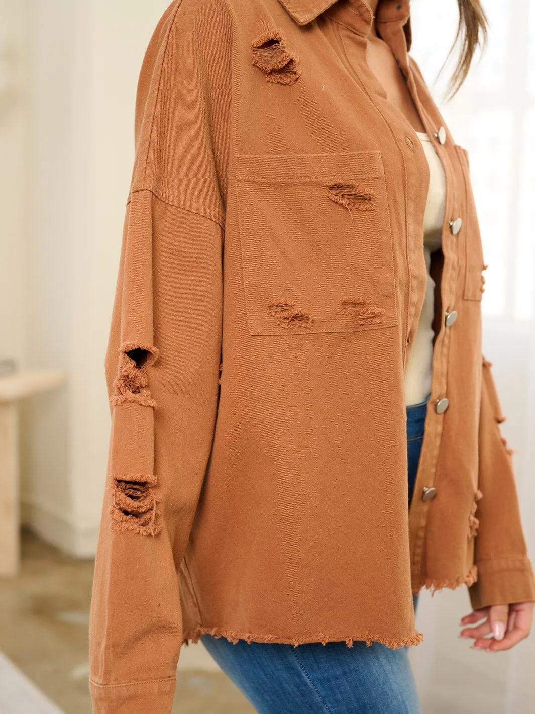 WOMEN'S LONG SLEEVE BUTTON UP DISTRESS JACKET