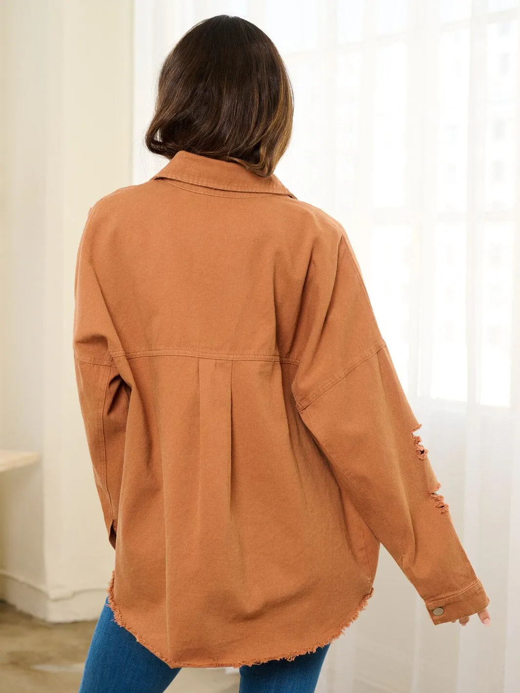 WOMEN'S LONG SLEEVE BUTTON UP DISTRESS JACKET